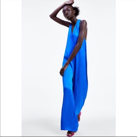 NEW ZARA Blue Flowing Satin Effect Jumpsuit - Picture 1 of 12